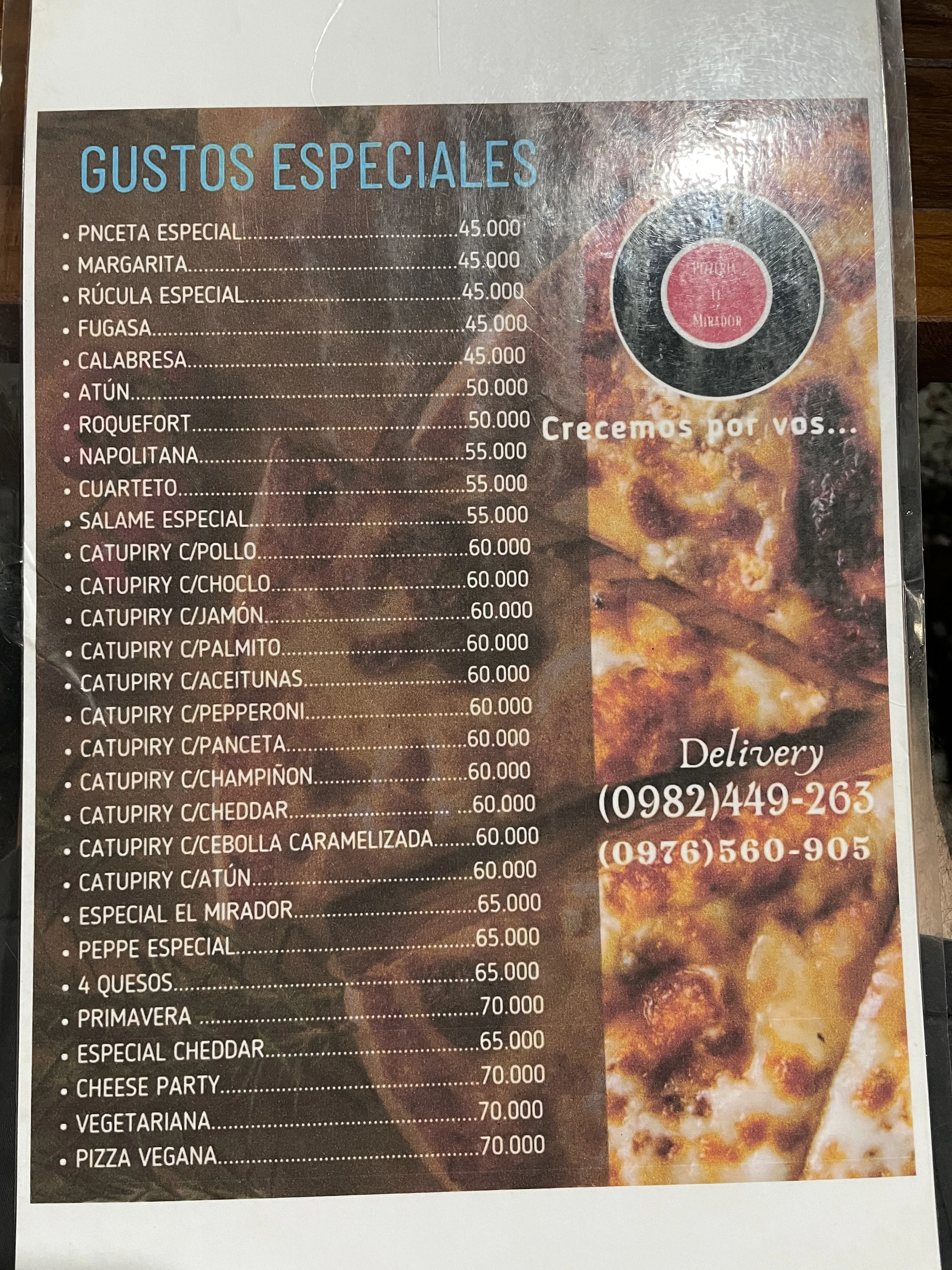 Menú de Pizzería El Mirador — página 1